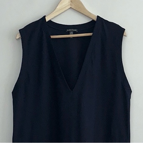 EILEEN FISHER Washable Stretch Crepe Deep V-Neck Dress in Midnight - Picture 8 of 13
